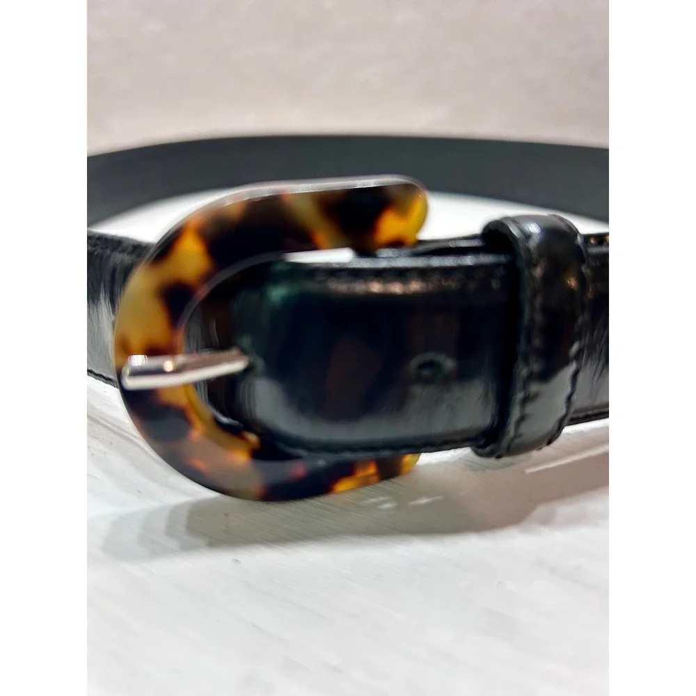 Ann Taylor Womens Black Italian Leather Belt Tortoise Shell Buckle XS 1004